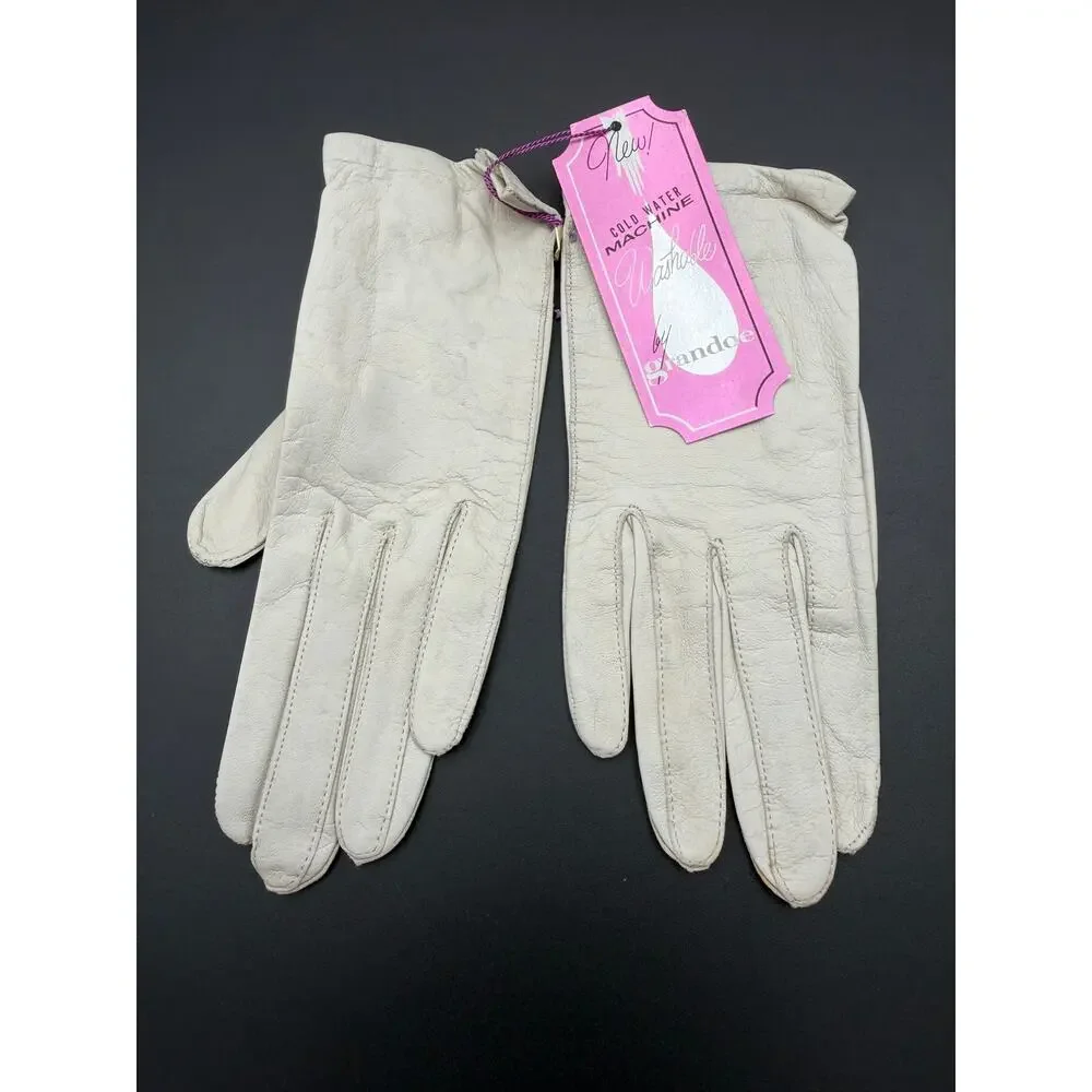 Vintage Grandoe White Leather Gloves Pearl Snap Deadstock NOS Size 6.5 NWT
